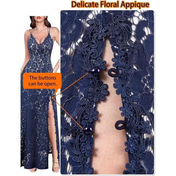 VFSHOW Womens Sexy V Neck Floral Lace Formal Prom High Slit Maxi Dress 2023 Spaghetti Strap Wedding Guest Evening Long GownDark Blue