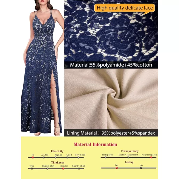 VFSHOW Womens Sexy V Neck Floral Lace Formal Prom High Slit Maxi Dress 2023 Spaghetti Strap Wedding Guest Evening Long GownDark Blue