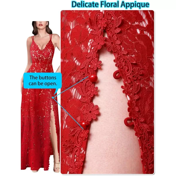 VFSHOW Womens Sexy V Neck Floral Lace Formal Prom High Slit Maxi Dress 2023 Spaghetti Strap Wedding Guest Evening Long GownRed Lace