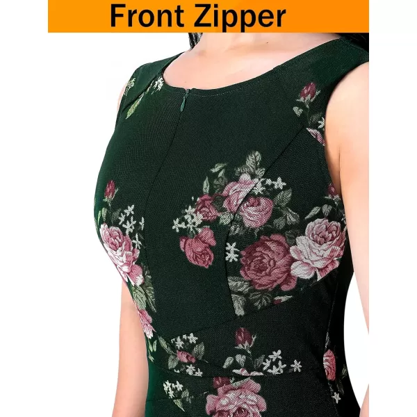 VFSHOW Womens Slim Zipper Up Work Business Office Cocktail Party Bodycon Pencil Sheath DressDark Green Floral Print