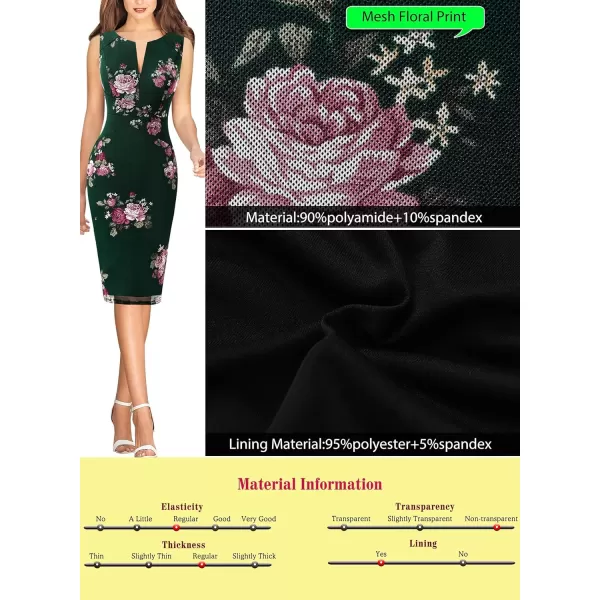 VFSHOW Womens Slim Zipper Up Work Business Office Cocktail Party Bodycon Pencil Sheath DressDark Green Floral Print