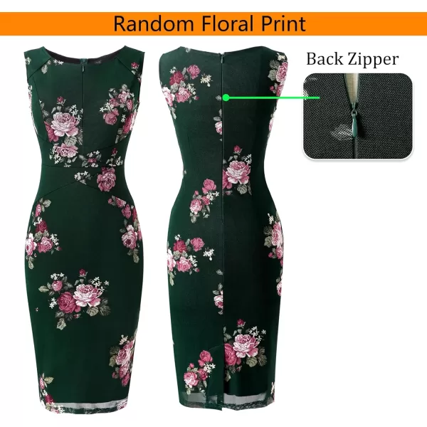 VFSHOW Womens Slim Zipper Up Work Business Office Cocktail Party Bodycon Pencil Sheath DressDark Green Floral Print