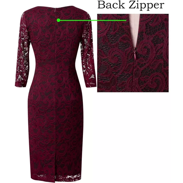 VFSHOW Womens Slim Zipper Up Work Business Office Cocktail Party Bodycon Pencil Sheath DressDark Red Lace  Black Lining