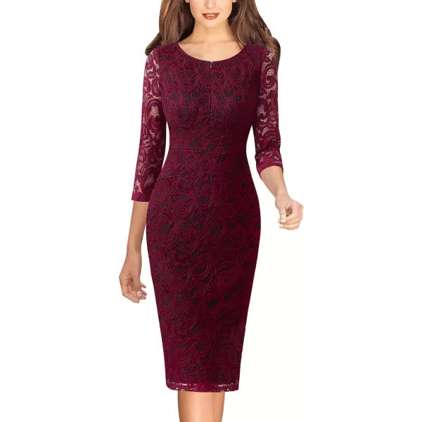 VFSHOW Womens Slim Zipper Up Work Business Office Cocktail Party Bodycon Pencil Sheath DressDark Red Lace  Black Lining