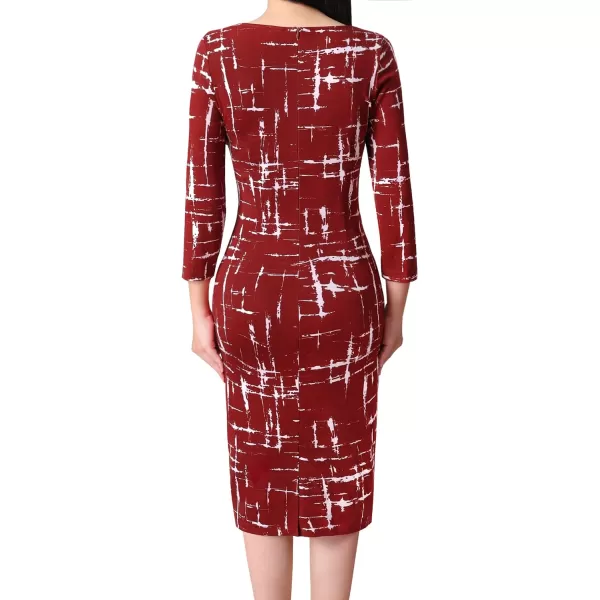 VFSHOW Womens Slim Zipper Up Work Business Office Cocktail Party Bodycon Pencil Sheath DressDark Red and White Geometric Print2