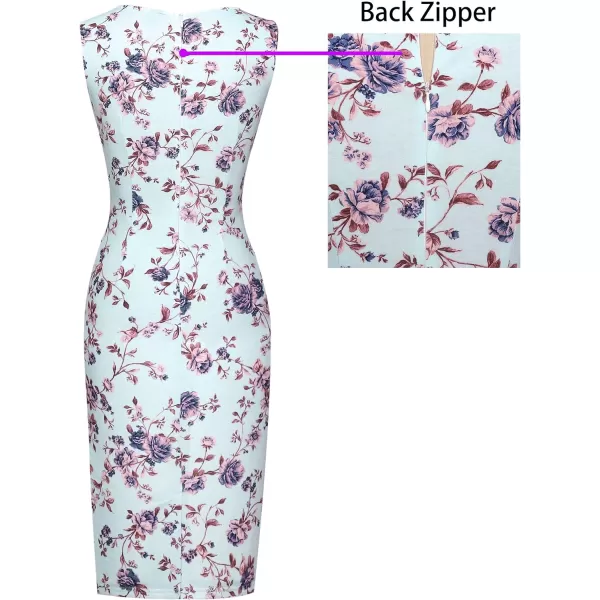 VFSHOW Womens Slim Zipper Up Work Business Office Cocktail Party Bodycon Pencil Sheath DressLight Blue  Floral Print