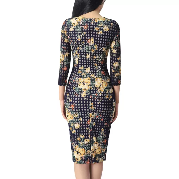 VFSHOW Womens Slim Zipper Up Work Business Office Cocktail Party Bodycon Pencil Sheath DressNavy Blue Lace and Multi Floral Print