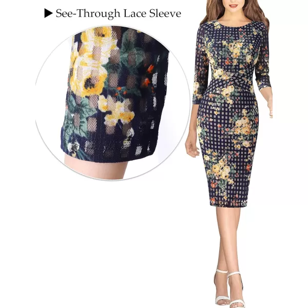 VFSHOW Womens Slim Zipper Up Work Business Office Cocktail Party Bodycon Pencil Sheath DressNavy Blue Lace and Multi Floral Print