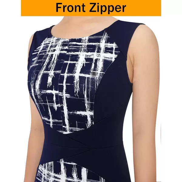 VFSHOW Womens Slim Zipper Up Work Business Office Cocktail Party Bodycon Pencil Sheath DressNavy Blue and White Geometric6