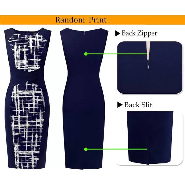 VFSHOW Womens Slim Zipper Up Work Business Office Cocktail Party Bodycon Pencil Sheath DressNavy Blue and White Geometric6