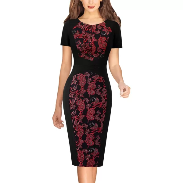 VFSHOW Womens Slim Zipper Up Work Business Office Cocktail Party Bodycon Pencil Sheath DressPlain Black Red Floral Embroidery