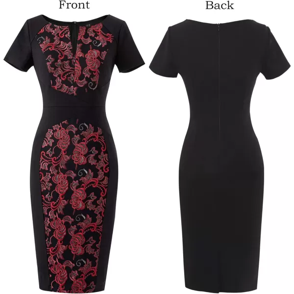 VFSHOW Womens Slim Zipper Up Work Business Office Cocktail Party Bodycon Pencil Sheath DressPlain Black Red Floral Embroidery