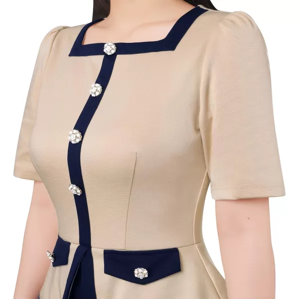 VFSHOW Womens Square Neck Buttons Peplum Work Business Bodycon Pencil DressBeige and Navy Blue