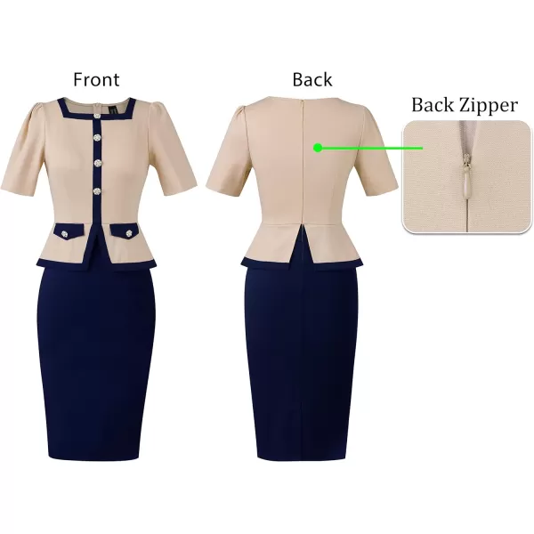 VFSHOW Womens Square Neck Buttons Peplum Work Business Bodycon Pencil DressBeige and Navy Blue