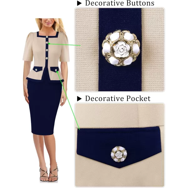 VFSHOW Womens Square Neck Buttons Peplum Work Business Bodycon Pencil DressBeige and Navy Blue