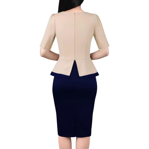 VFSHOW Womens Square Neck Buttons Peplum Work Business Bodycon Pencil DressBeige and Navy Blue