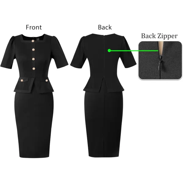 VFSHOW Womens Square Neck Buttons Peplum Work Business Bodycon Pencil DressBlack