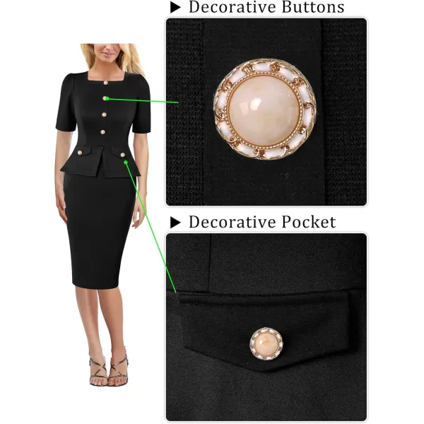 VFSHOW Womens Square Neck Buttons Peplum Work Business Bodycon Pencil DressBlack