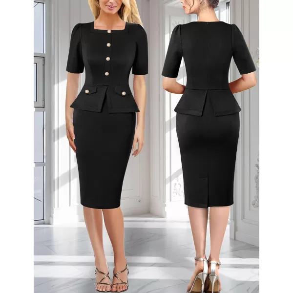 VFSHOW Womens Square Neck Buttons Peplum Work Business Bodycon Pencil DressBlack