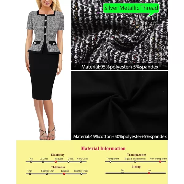 VFSHOW Womens Square Neck Buttons Peplum Work Business Bodycon Pencil DressBlack Tweed  Black2