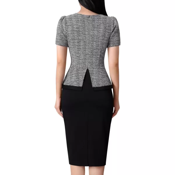 VFSHOW Womens Square Neck Buttons Peplum Work Business Bodycon Pencil DressBlack Tweed  Black2