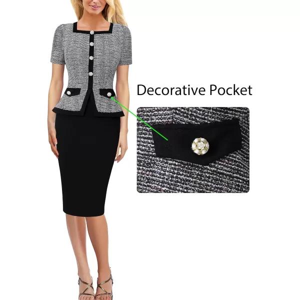 VFSHOW Womens Square Neck Buttons Peplum Work Business Bodycon Pencil DressBlack Tweed  Black2