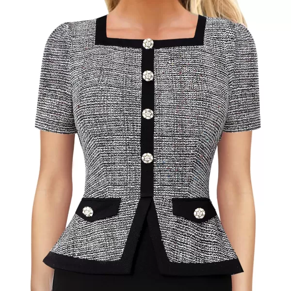 VFSHOW Womens Square Neck Buttons Peplum Work Business Bodycon Pencil DressBlack Tweed  Black2