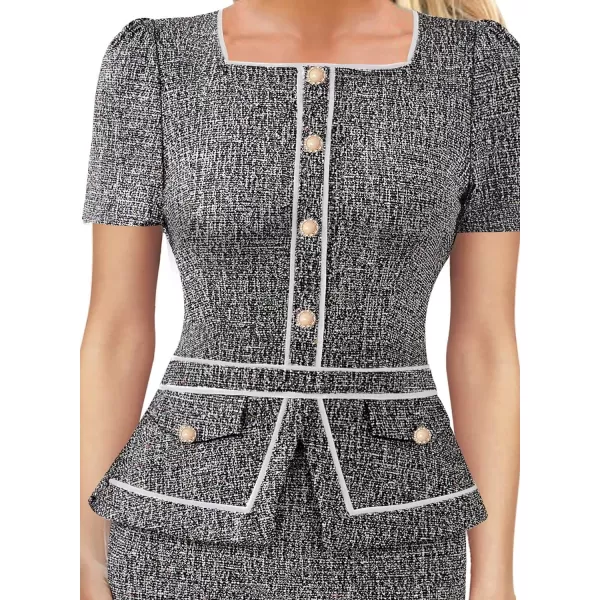 VFSHOW Womens Square Neck Buttons Peplum Work Business Bodycon Pencil DressBlack Tweed