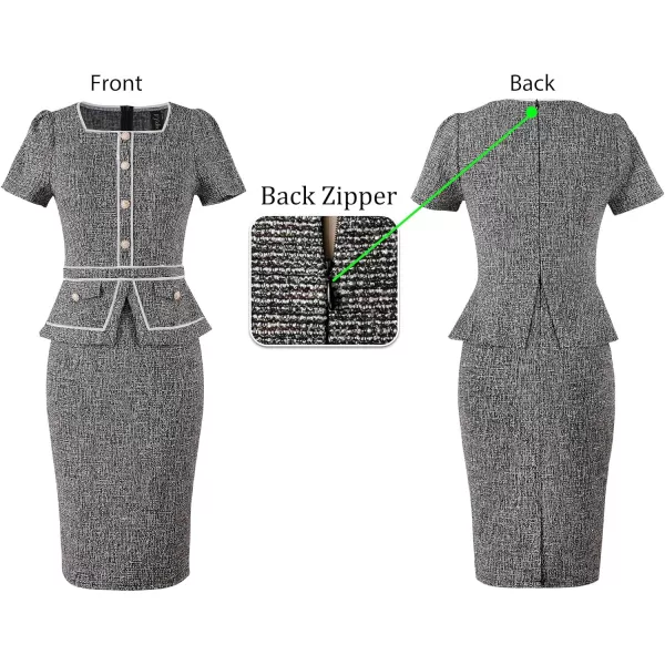 VFSHOW Womens Square Neck Buttons Peplum Work Business Bodycon Pencil DressBlack Tweed