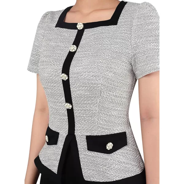 VFSHOW Womens Square Neck Buttons Peplum Work Business Bodycon Pencil DressOffwhite Tweed  Black