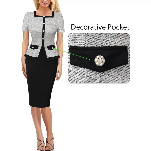 VFSHOW Womens Square Neck Buttons Peplum Work Business Bodycon Pencil DressOffwhite Tweed  Black