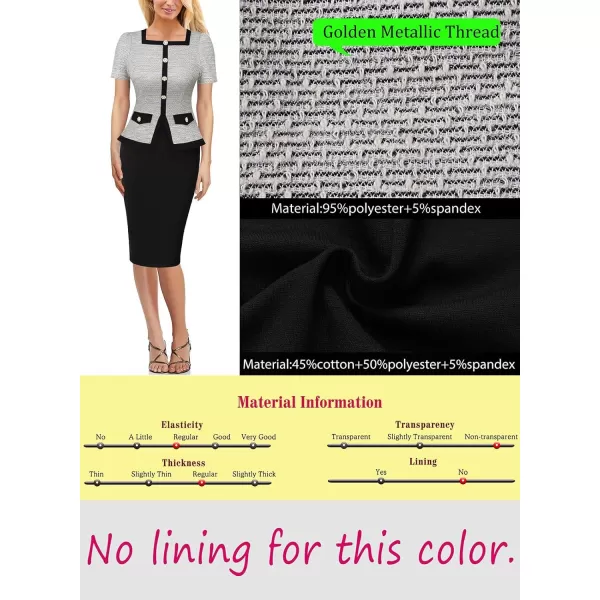 VFSHOW Womens Square Neck Buttons Peplum Work Business Bodycon Pencil DressOffwhite Tweed  Black