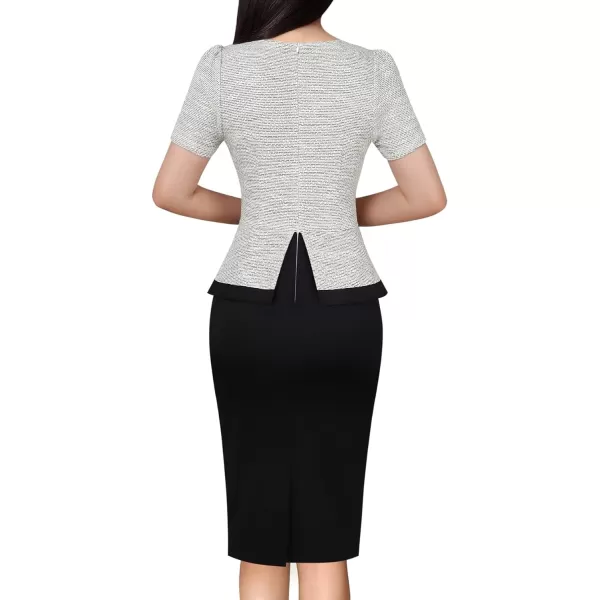 VFSHOW Womens Square Neck Buttons Peplum Work Business Bodycon Pencil DressOffwhite Tweed  Black