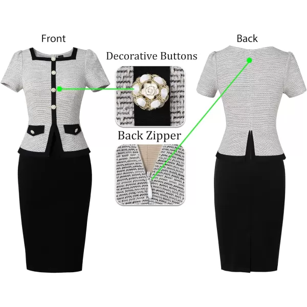 VFSHOW Womens Square Neck Buttons Peplum Work Business Bodycon Pencil DressOffwhite Tweed  Black