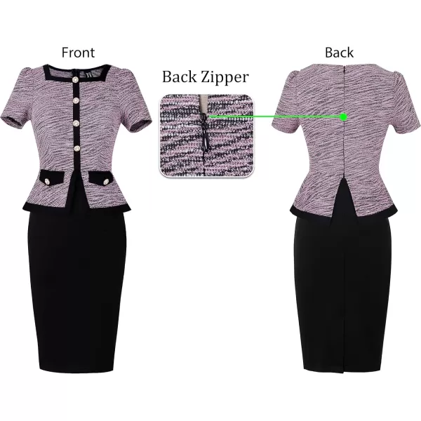 VFSHOW Womens Square Neck Buttons Peplum Work Business Bodycon Pencil DressPink Tweed  Black
