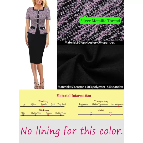 VFSHOW Womens Square Neck Buttons Peplum Work Business Bodycon Pencil DressPink Tweed  Black