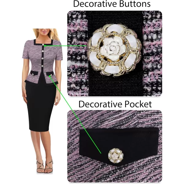 VFSHOW Womens Square Neck Buttons Peplum Work Business Bodycon Pencil DressPink Tweed  Black