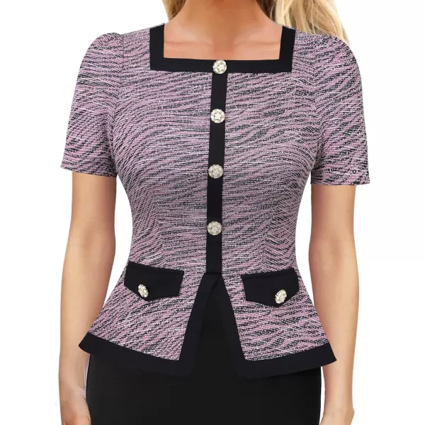 VFSHOW Womens Square Neck Buttons Peplum Work Business Bodycon Pencil DressPink Tweed  Black