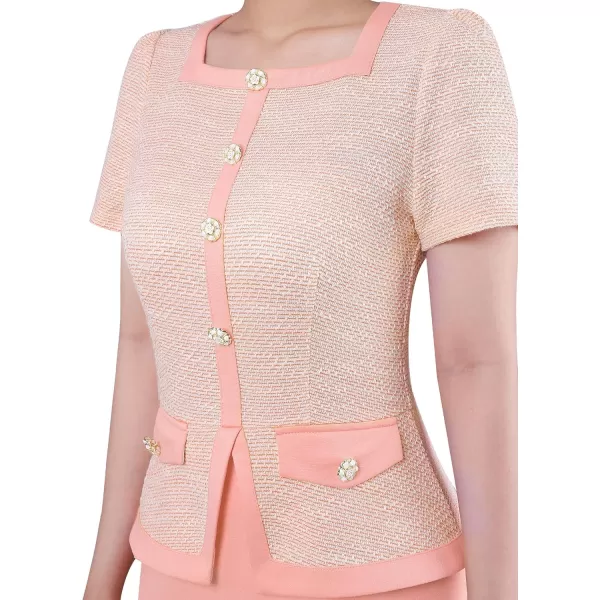 VFSHOW Womens Square Neck Buttons Peplum Work Business Bodycon Pencil DressPink Tweed  Salmon Pink