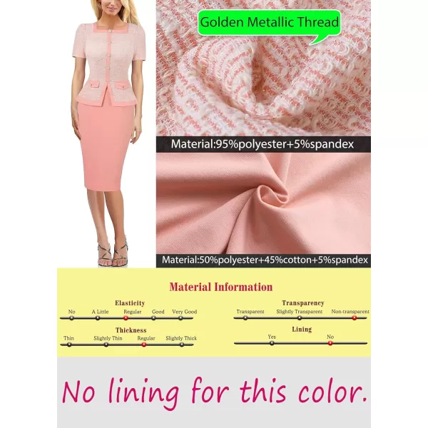 VFSHOW Womens Square Neck Buttons Peplum Work Business Bodycon Pencil DressPink Tweed  Salmon Pink