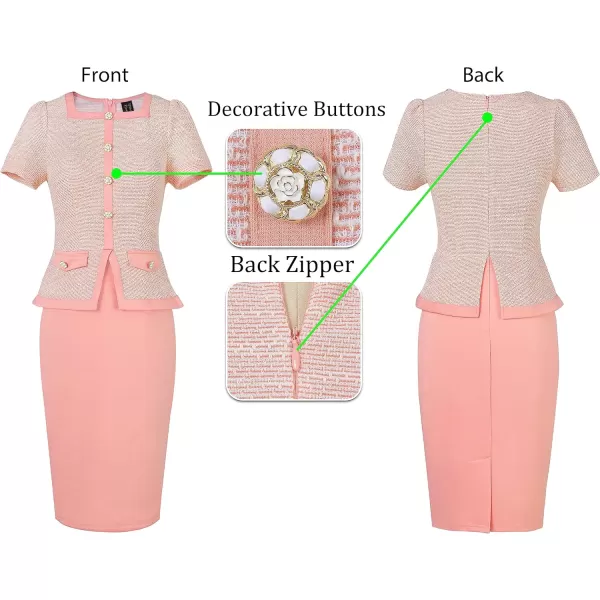 VFSHOW Womens Square Neck Buttons Peplum Work Business Bodycon Pencil DressPink Tweed  Salmon Pink