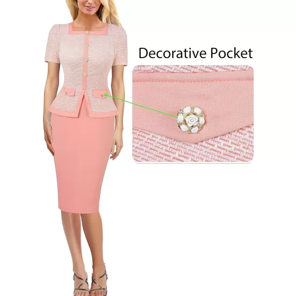 VFSHOW Womens Square Neck Buttons Peplum Work Business Bodycon Pencil DressPink Tweed  Salmon Pink