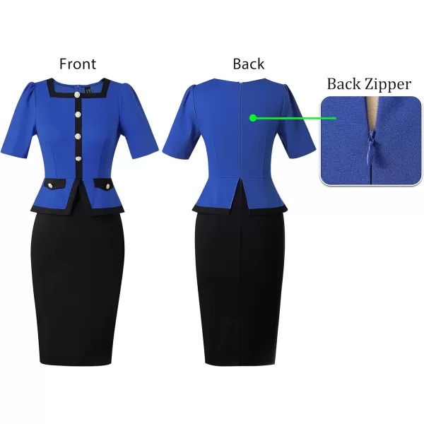 VFSHOW Womens Square Neck Buttons Peplum Work Business Bodycon Pencil DressRoyal Blue and Black