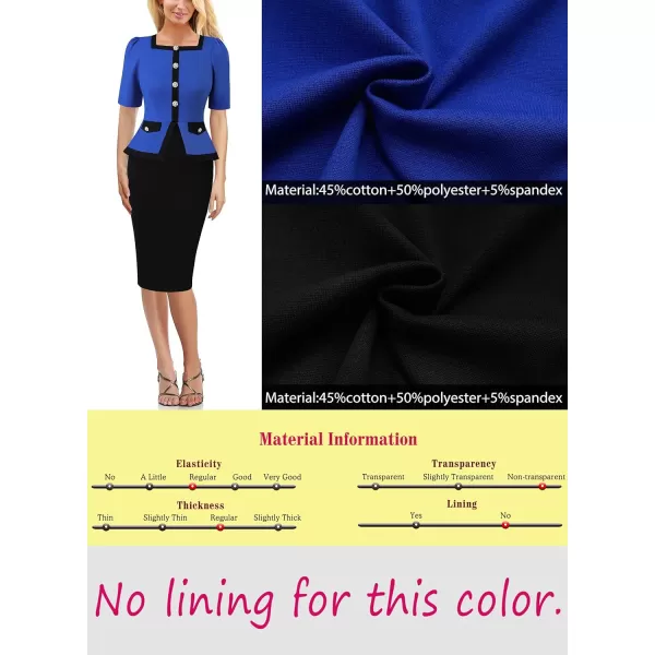 VFSHOW Womens Square Neck Buttons Peplum Work Business Bodycon Pencil DressRoyal Blue and Black