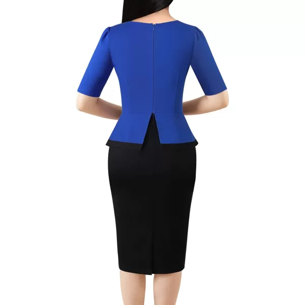 VFSHOW Womens Square Neck Buttons Peplum Work Business Bodycon Pencil DressRoyal Blue and Black