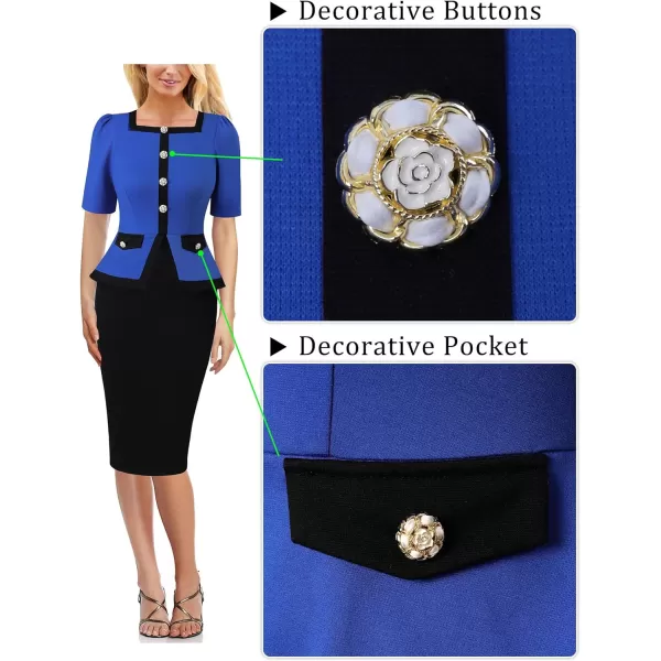 VFSHOW Womens Square Neck Buttons Peplum Work Business Bodycon Pencil DressRoyal Blue and Black