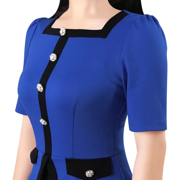 VFSHOW Womens Square Neck Buttons Peplum Work Business Bodycon Pencil DressRoyal Blue and Black