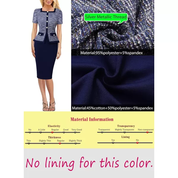 VFSHOW Womens Square Neck Buttons Peplum Work Business Bodycon Pencil DressRoyal Blue and White3