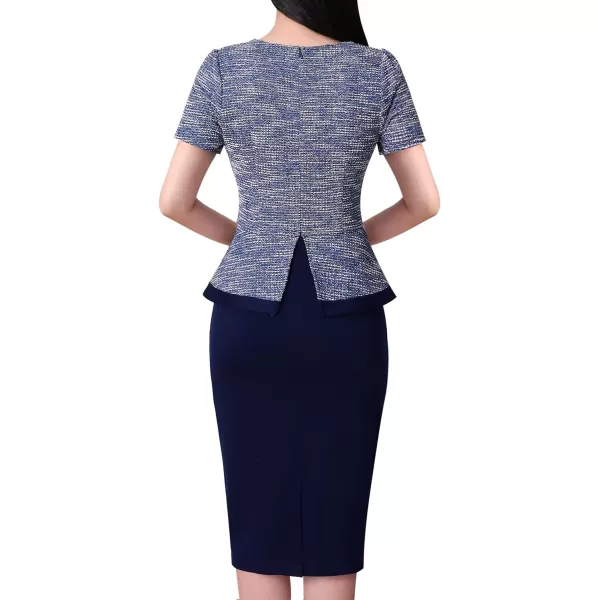 VFSHOW Womens Square Neck Buttons Peplum Work Business Bodycon Pencil DressRoyal Blue and White3