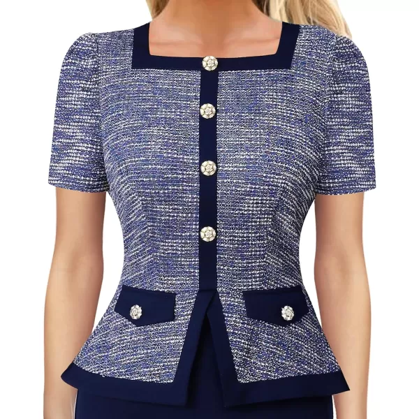 VFSHOW Womens Square Neck Buttons Peplum Work Business Bodycon Pencil DressRoyal Blue and White3